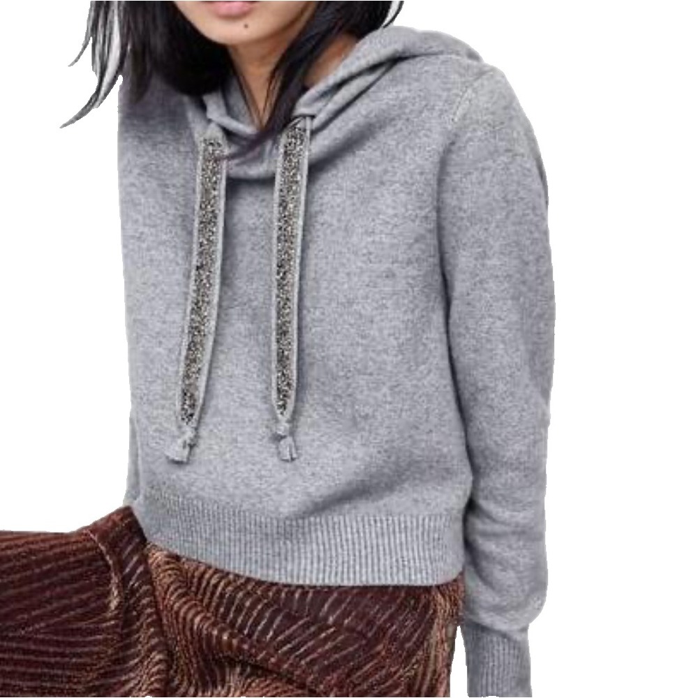 ZARA KNIT Mid-Weight GRAY Crystal Drawstring CROPPED Banded Hem HOODIE Sweater M
